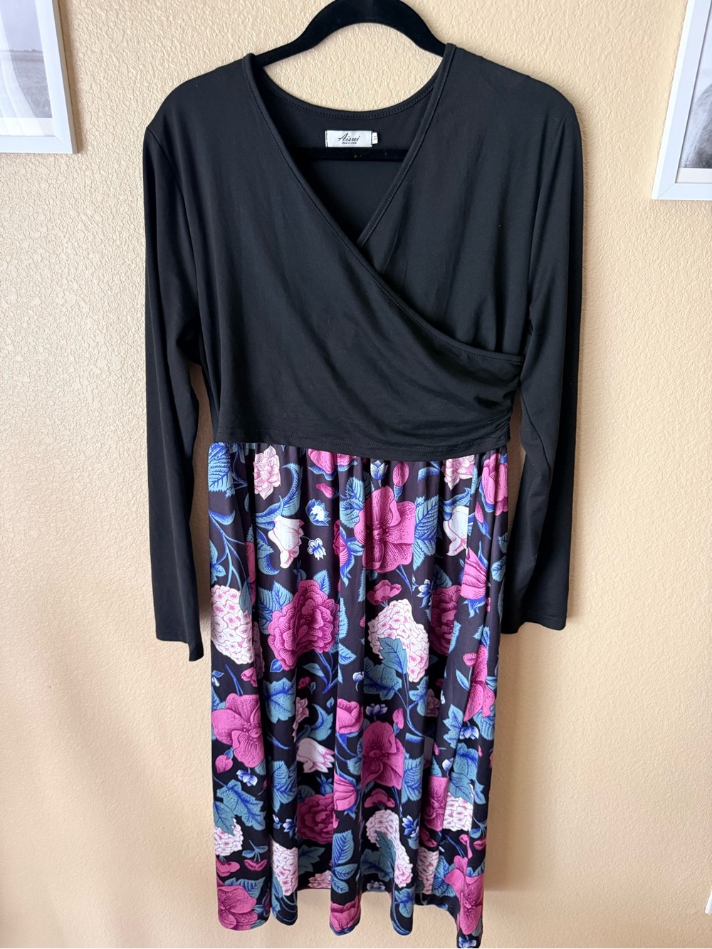 Arianne Black Long-Sleeve Dress with Pink and Blue Floral Skirt